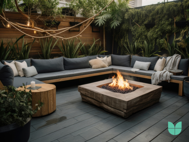 Outdoor living space with a fire pit, garden furniture and spacious sitting area. 
